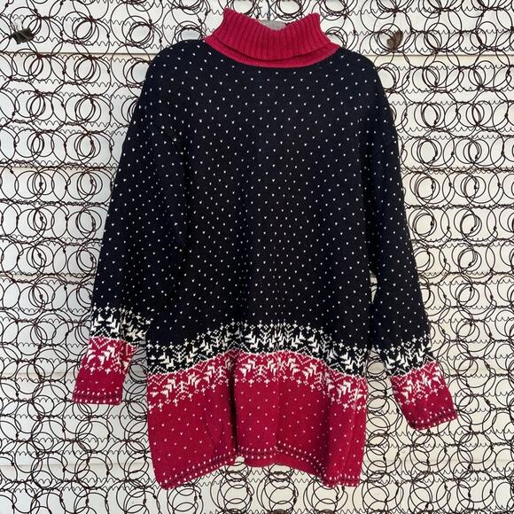 Vintage 90s Red Black Snowflake Christmas Fair Isle Turtleneck Tunic Sweater - Picture 1 of 6